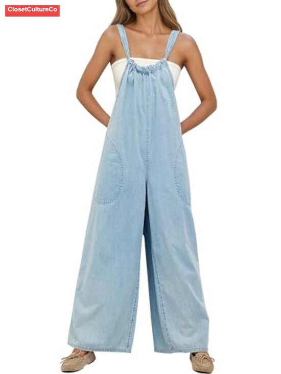 Denim - 100% Cotton Wide Leg Denim Overalls Tie Back Baggy Jean Jumpsuit